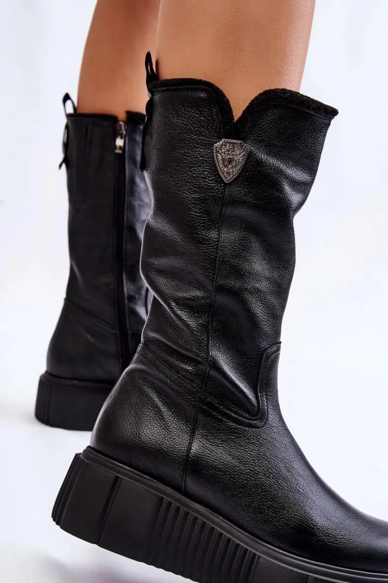 Kozaki Ocieplane|Kozaki Na Koturnie>Zazoo Skórzane Damskie Kozaki Z Wełną 70121 Czarne Czarny