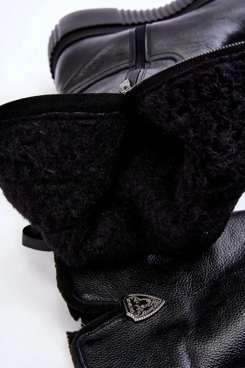 Kozaki Ocieplane|Kozaki Na Koturnie>Zazoo Skórzane Damskie Kozaki Z Wełną 70121 Czarne Czarny