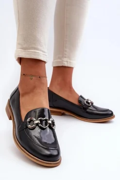 Loafersy Damskie|Mokasyny Płaskie>Laura Messi Skórzane Damskie Lakierowane Mokasyny 2760 Granatowe Niebieski