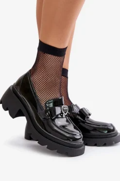 Sale Skórzane Damskie Mokasyny Z Kokardką I Sercem D&A LZ42-032 Czarne Damskie Loafersy Damskie|Mokasyny Damskie Skórzane