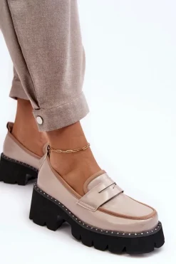 Best Damskie buty S.Barski Skórzane Damskie Mokasyny D&A MR870-32 Beżowe Beżowy