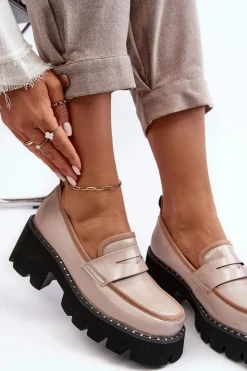 Best Damskie buty S.Barski Skórzane Damskie Mokasyny D&A MR870-32 Beżowe Beżowy