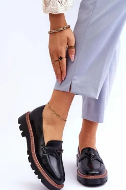 Outlet Buty damskie Vinceza Skórzane Damskie Mokasyny Na Platformie Z Ozdobą Czarne Jonett