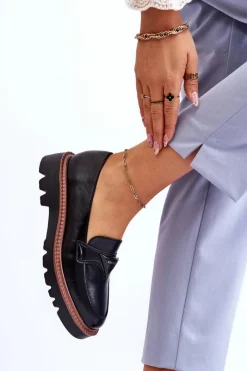 Outlet Buty damskie Vinceza Skórzane Damskie Mokasyny Na Platformie Z Ozdobą Czarne Jonett