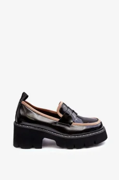 Outlet Skórzane Damskie Mokasyny D&A MR870-32 Czarne Damskie Loafersy Damskie|Mokasyny Płaskie