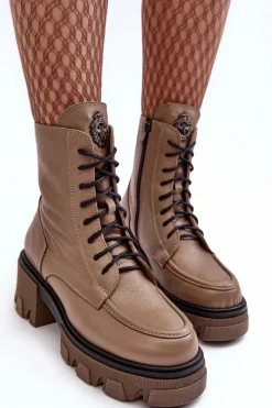 Discount Boto Skórzane Damskie Ocieplane Botki Trapery Lemar Brązowe Rehin