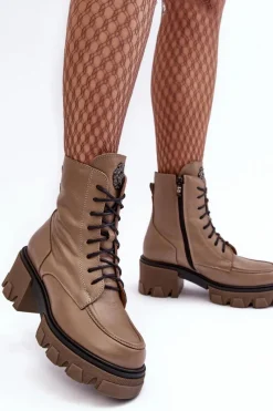 Discount Boto Skórzane Damskie Ocieplane Botki Trapery Lemar Brązowe Rehin