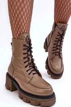 Discount Boto Skórzane Damskie Ocieplane Botki Trapery Lemar Brązowe Rehin