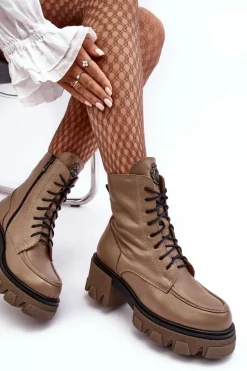 Discount Boto Skórzane Damskie Ocieplane Botki Trapery Lemar Brązowe Rehin