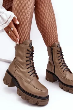 Discount Boto Skórzane Damskie Ocieplane Botki Trapery Lemar Brązowe Rehin