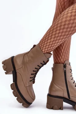 Discount Boto Skórzane Damskie Ocieplane Botki Trapery Lemar Brązowe Rehin