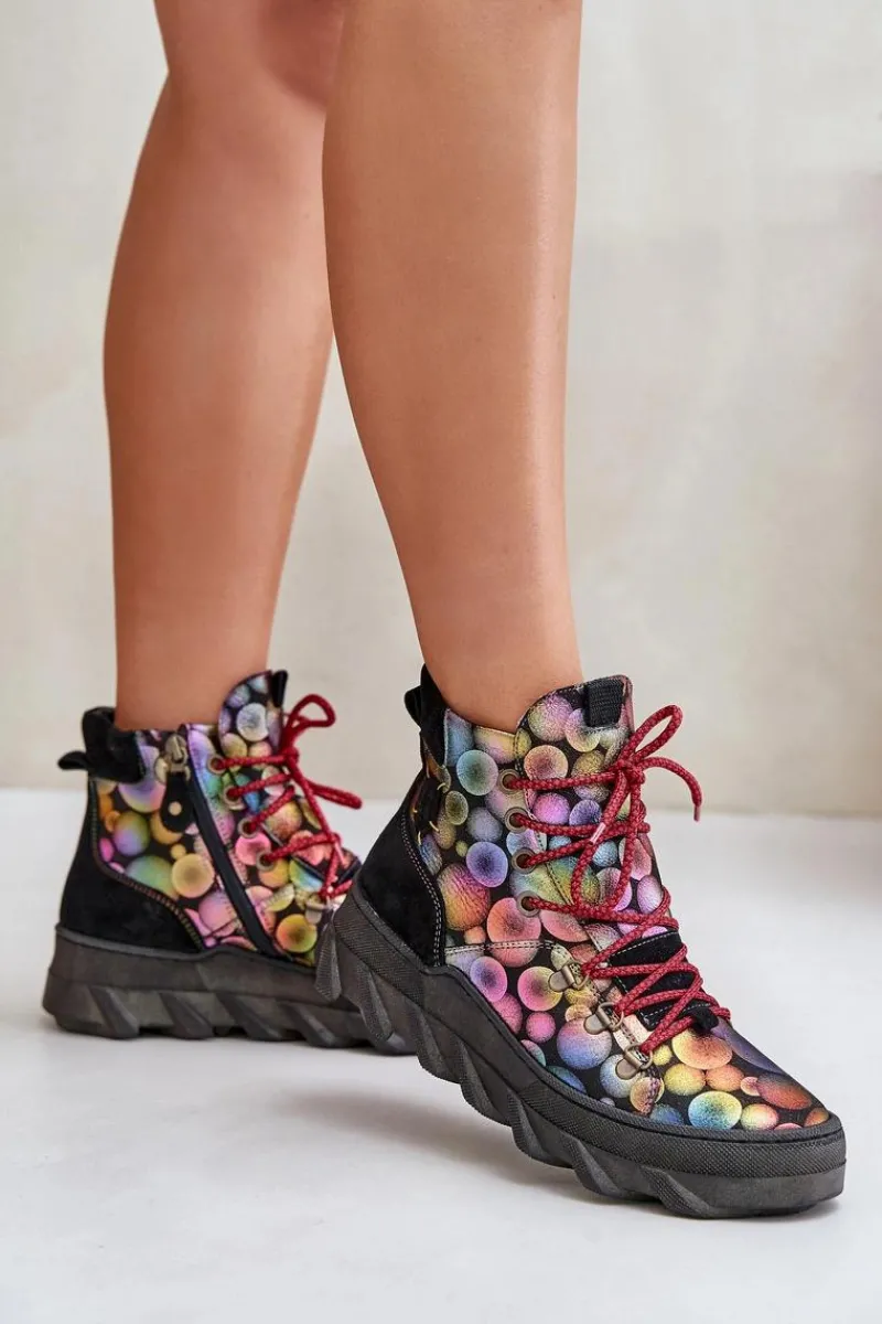 Botki Maciejka|Botki Płaskie>Maciejka Skórzane Damskie Ocieplane Botki 06146-39 Multikolor Wielokolorowy