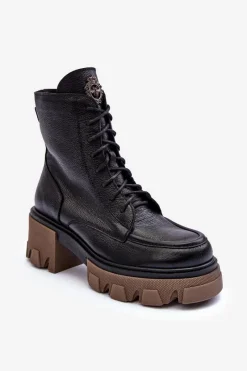 New Skórzane Damskie Ocieplane Botki Trapery Czarne Lemar Rehin Damskie Damskie Trapery|Botki Sznurowane
