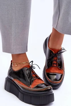 Clearance Skórzane Damskie Półbuty 50740-18 Czarne Damskie Półbuty Skórzane