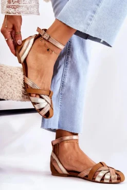 Online Skórzane Damskie Sandały 01924-32 Złoto-Brązowe Damskie Sandały Płaskie