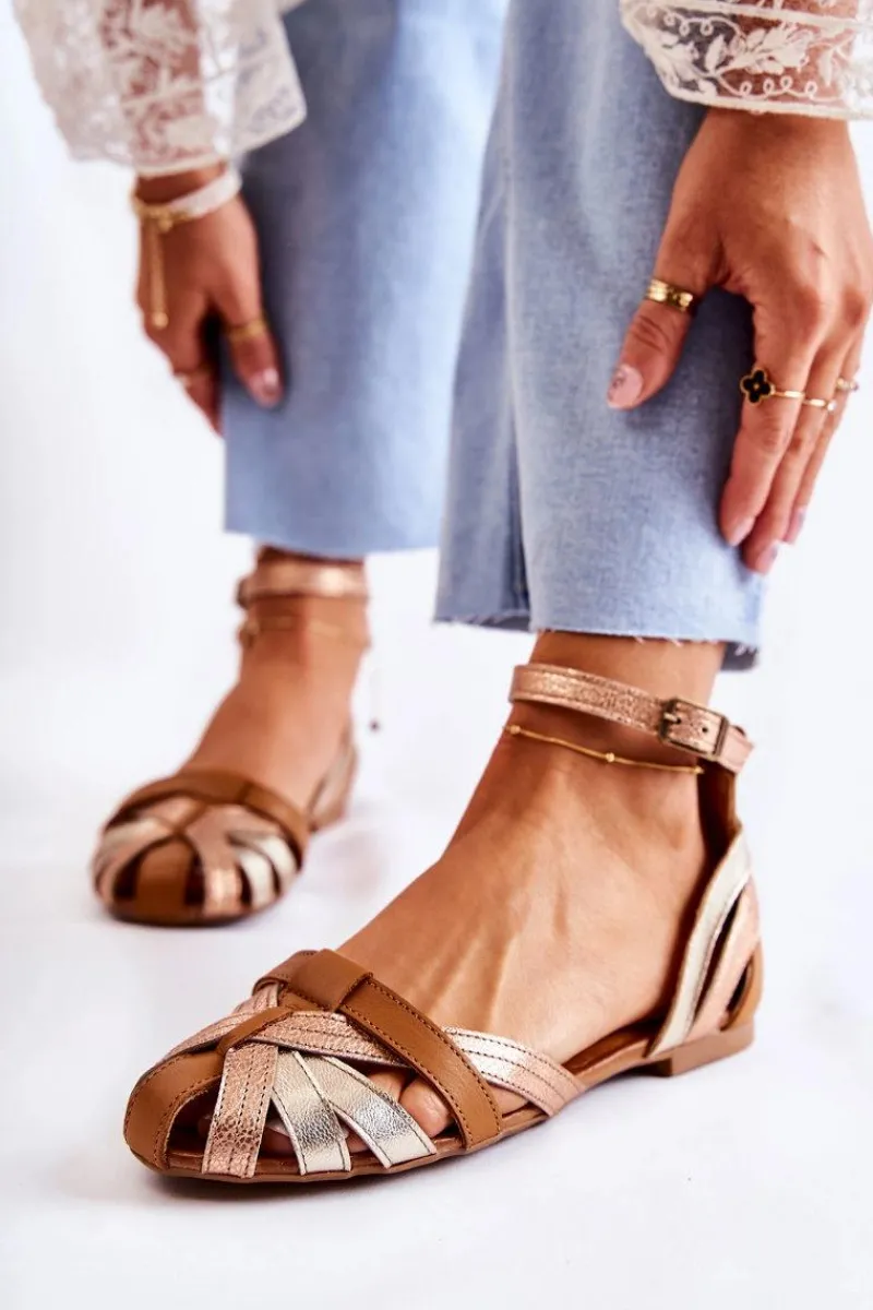 Online Skórzane Damskie Sandały 01924-32 Złoto-Brązowe Damskie Sandały Płaskie