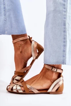 Online Skórzane Damskie Sandały 01924-32 Złoto-Brązowe Damskie Sandały Płaskie