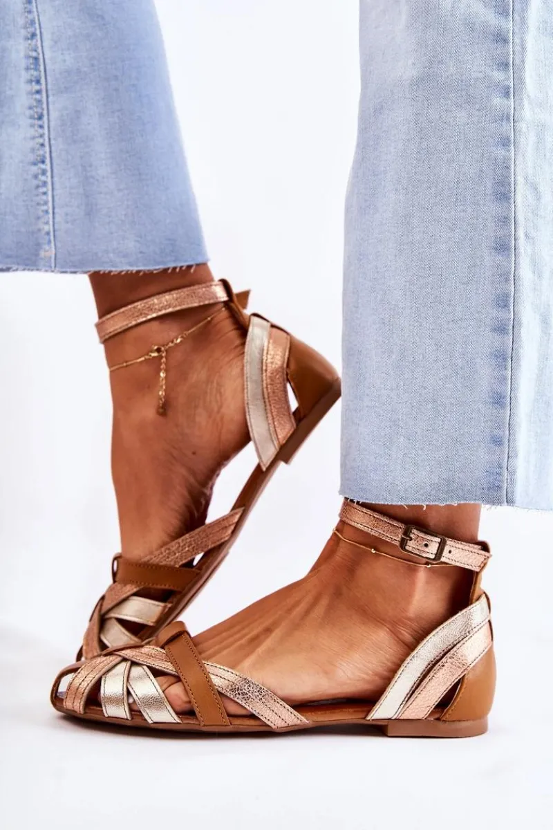 Online Skórzane Damskie Sandały 01924-32 Złoto-Brązowe Damskie Sandały Płaskie