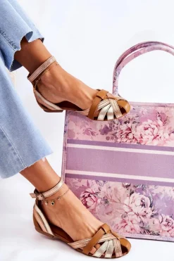 Online Skórzane Damskie Sandały 01924-32 Złoto-Brązowe Damskie Sandały Płaskie