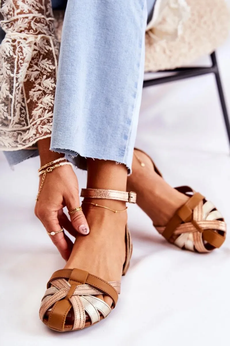 Online Skórzane Damskie Sandały 01924-32 Złoto-Brązowe Damskie Sandały Płaskie