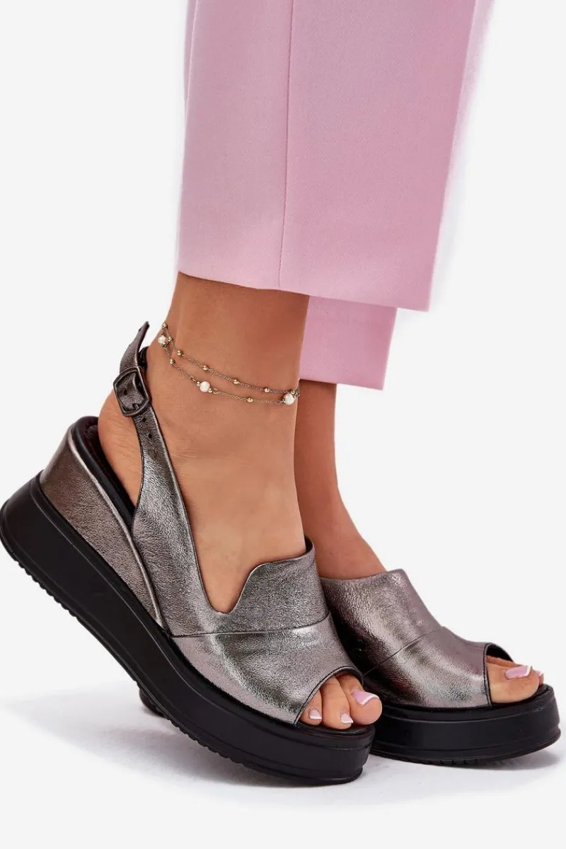 Sandały Na Koturnie>Artiker Skórzane Damskie Sandały Na Koturnie 54C0402 Grafitowe