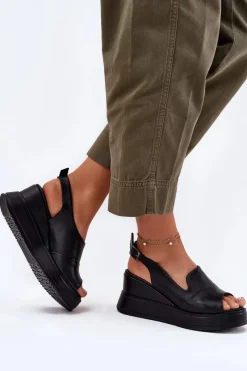 Online Artiker Skórzane Damskie Sandały Na Koturnie 52C0484 Czarne Czarny