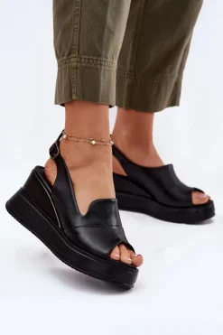 Online Artiker Skórzane Damskie Sandały Na Koturnie 52C0484 Czarne Czarny