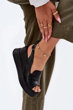 Online Artiker Skórzane Damskie Sandały Na Koturnie 52C0484 Czarne Czarny