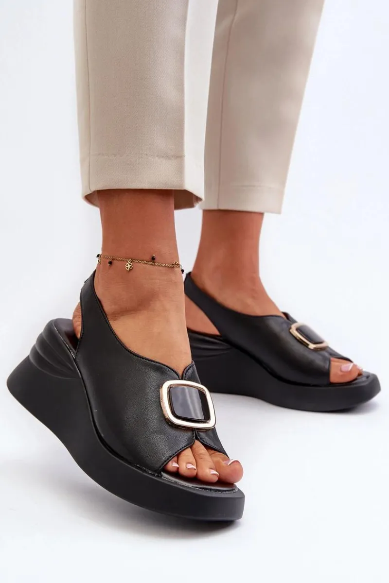 Hot Skórzane Damskie Sandały Na Koturnie Z Ozdobą Czarne Salvania Damskie Sandały Na Koturnie