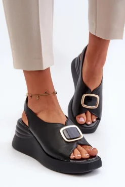 Hot Skórzane Damskie Sandały Na Koturnie Z Ozdobą Czarne Salvania Damskie Sandały Na Koturnie