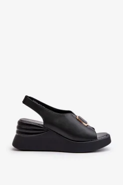 Hot Skórzane Damskie Sandały Na Koturnie Z Ozdobą Czarne Salvania Damskie Sandały Na Koturnie