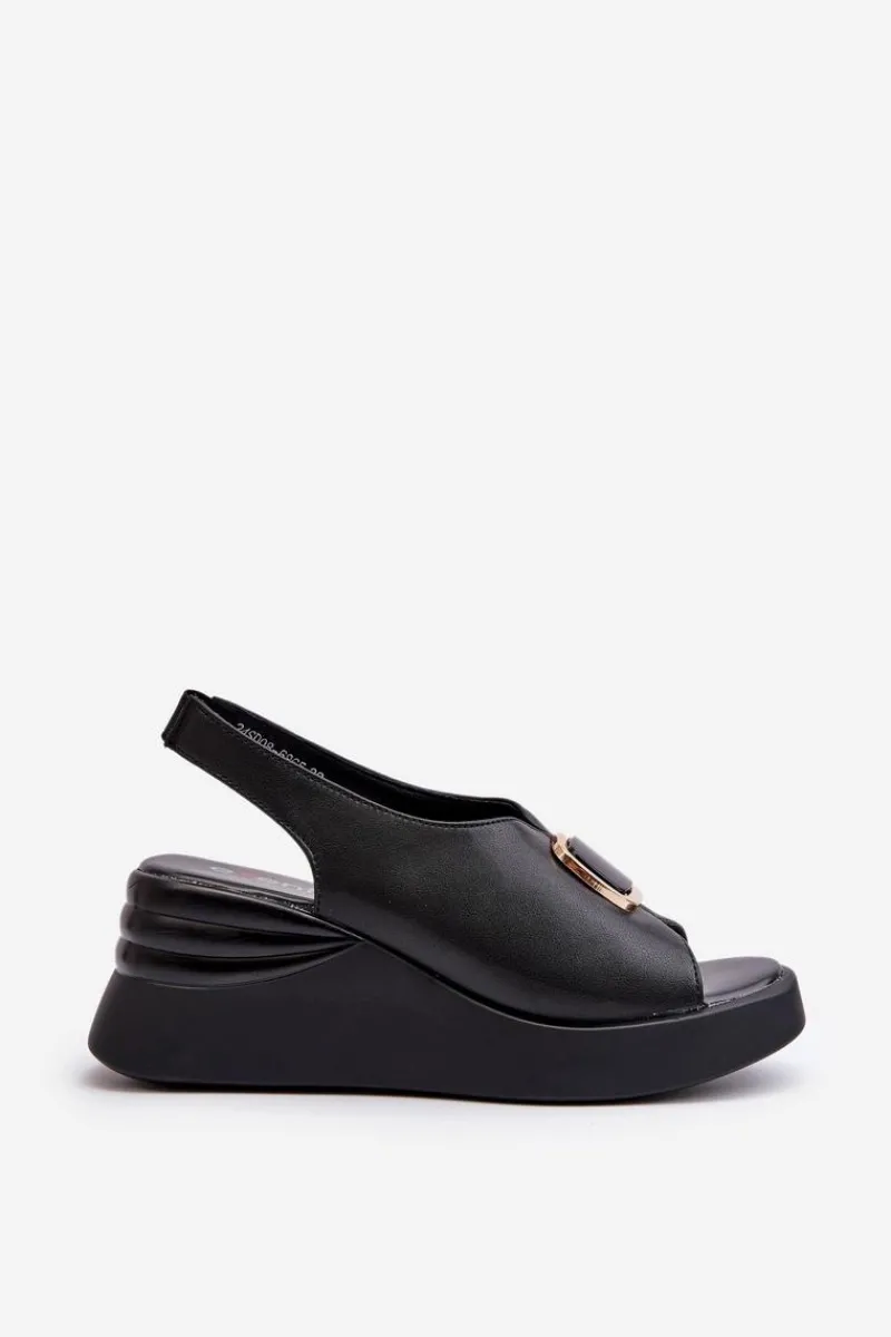 Hot Skórzane Damskie Sandały Na Koturnie Z Ozdobą Czarne Salvania Damskie Sandały Na Koturnie