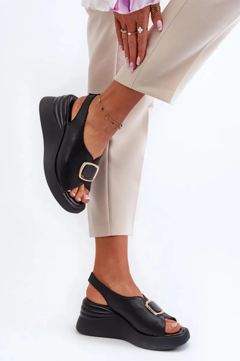 Hot Skórzane Damskie Sandały Na Koturnie Z Ozdobą Czarne Salvania Damskie Sandały Na Koturnie