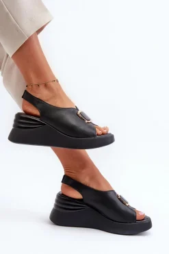 Hot Skórzane Damskie Sandały Na Koturnie Z Ozdobą Czarne Salvania Damskie Sandały Na Koturnie