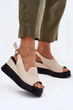 Hot Skórzane Damskie Sandały Na Koturnie 54C0401 Beżowe Damskie Sandały Na Koturnie