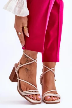 Clearance Boto Skórzane Damskie Sandały Na Słupku Beżowe Seyna