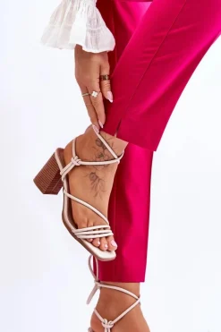 Clearance Boto Skórzane Damskie Sandały Na Słupku Beżowe Seyna