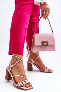 Clearance Boto Skórzane Damskie Sandały Na Słupku Beżowe Seyna