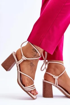 Clearance Boto Skórzane Damskie Sandały Na Słupku Beżowe Seyna