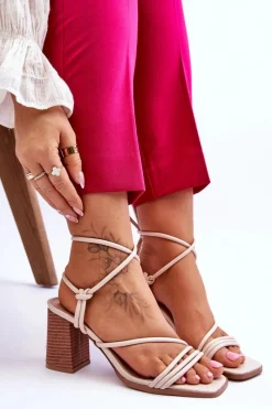 Clearance Boto Skórzane Damskie Sandały Na Słupku Beżowe Seyna