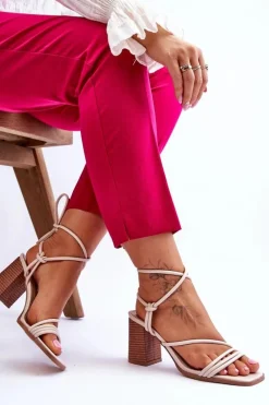 Clearance Boto Skórzane Damskie Sandały Na Słupku Beżowe Seyna