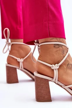 Clearance Boto Skórzane Damskie Sandały Na Słupku Beżowe Seyna