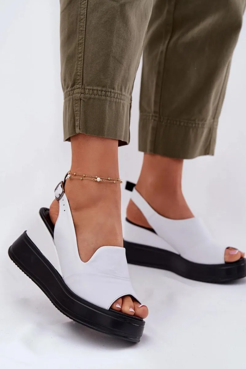 Clearance Skórzane Damskie Sandały Na Koturnie 52C0483 Białe Damskie Sandały Na Koturnie