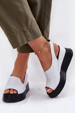 Clearance Skórzane Damskie Sandały Na Koturnie 52C0483 Białe Damskie Sandały Na Koturnie