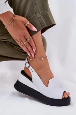 Clearance Skórzane Damskie Sandały Na Koturnie 52C0483 Białe Damskie Sandały Na Koturnie