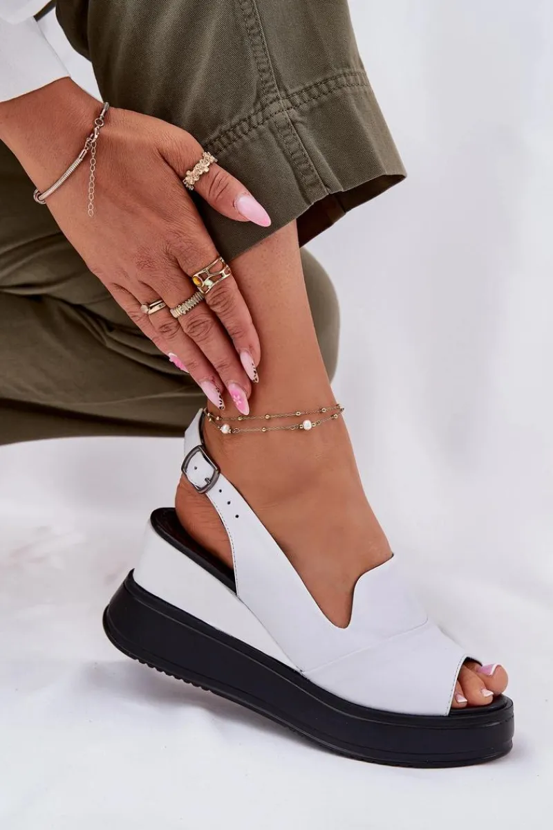 Clearance Skórzane Damskie Sandały Na Koturnie 52C0483 Białe Damskie Sandały Na Koturnie