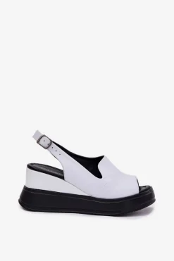 Clearance Skórzane Damskie Sandały Na Koturnie 52C0483 Białe Damskie Sandały Na Koturnie