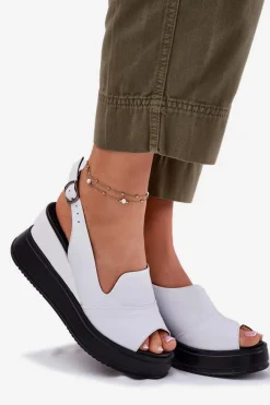 Clearance Skórzane Damskie Sandały Na Koturnie 52C0483 Białe Damskie Sandały Na Koturnie