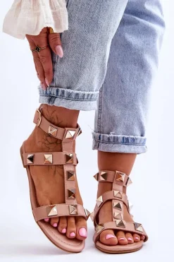 Sandały Płaskie>Boto Skórzane Damskie Sandały Z Dużymi Ćwiekami Nude Mishigan