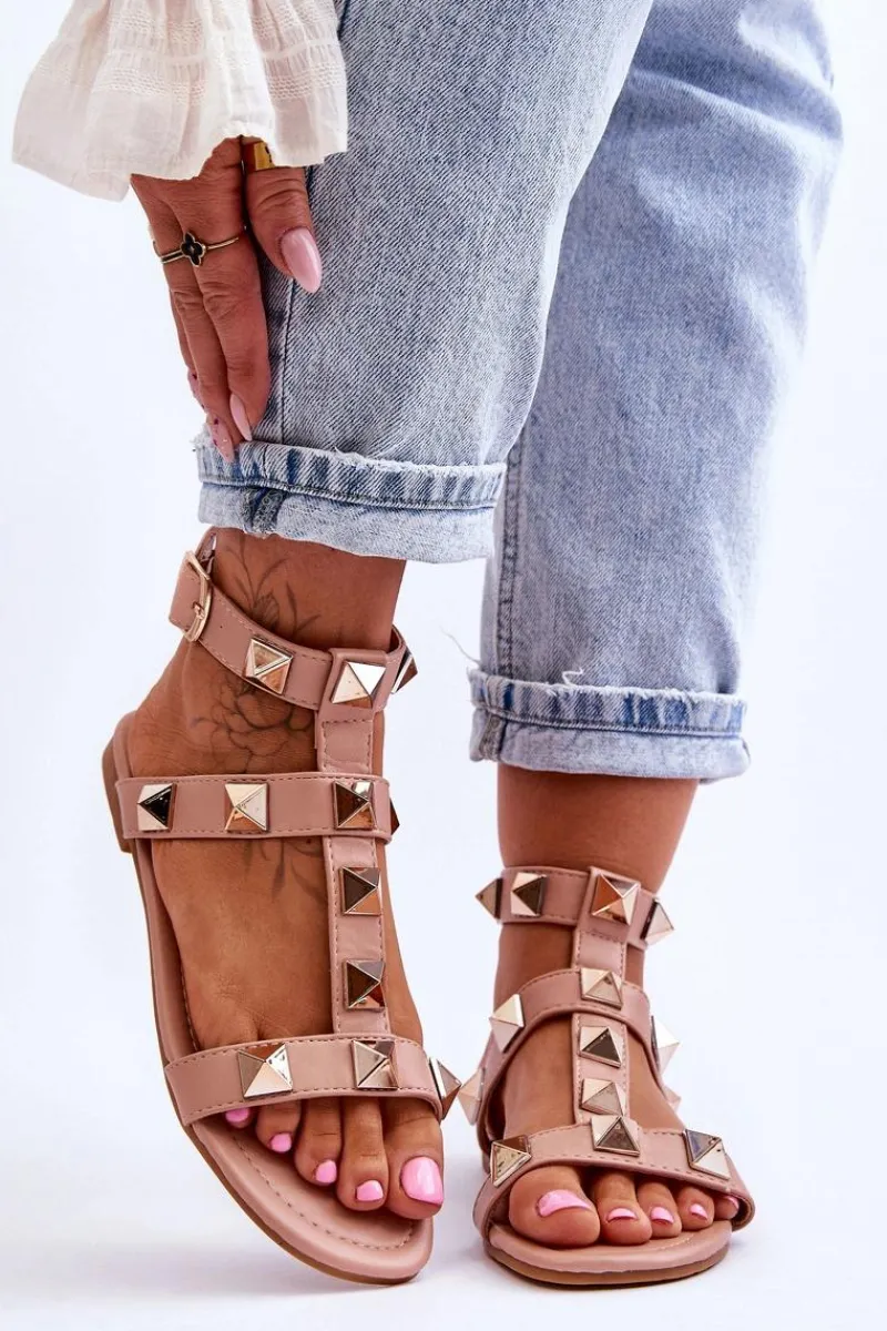 Sandały Płaskie>Boto Skórzane Damskie Sandały Z Dużymi Ćwiekami Nude Mishigan